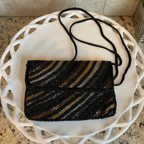 Wow! Black Bronze Silver Beaded Purse with Strap - Picture 2 of 10